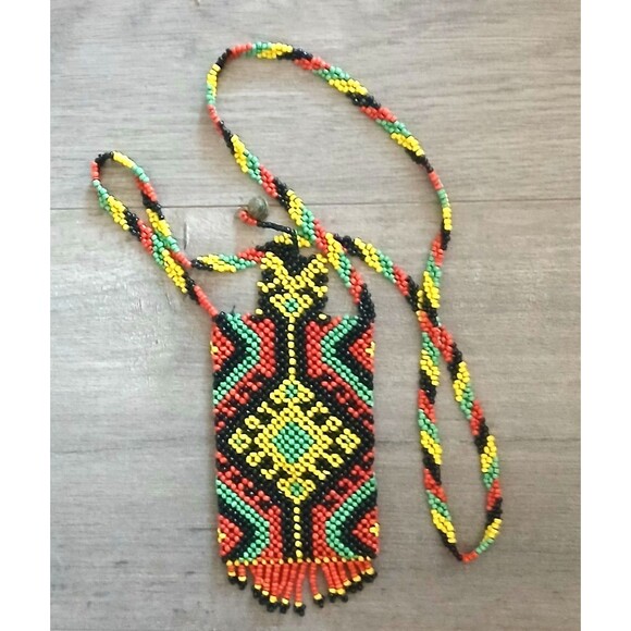 Handmade Colorful Beaded Pouch Mini Bag Tribal Medicine Bag 3"X5" fringed - Picture 4 of 5